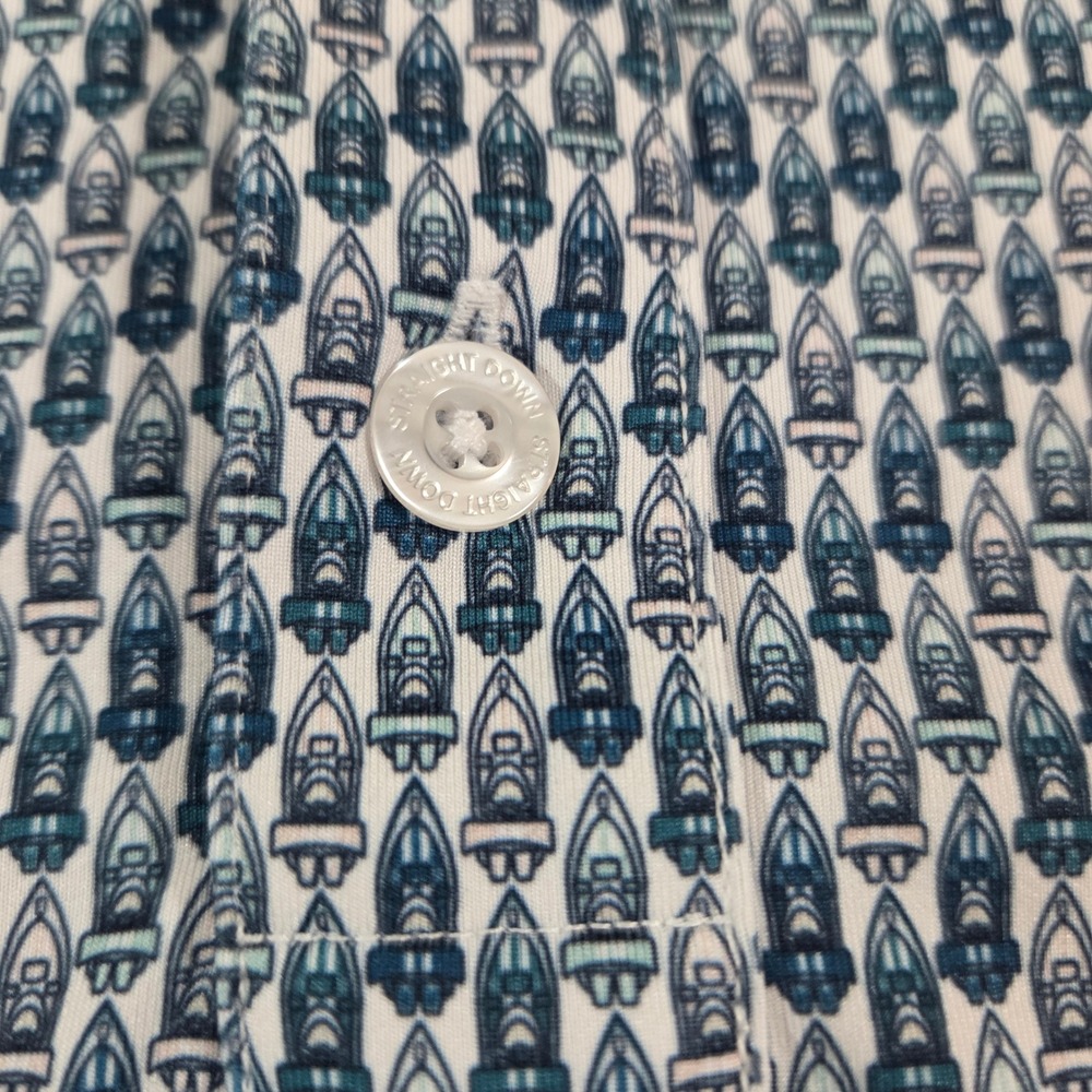 Straight Down Mens XL Performance Polo Shirt Blue White Speedboat Print Golf - Picture 5 of 10